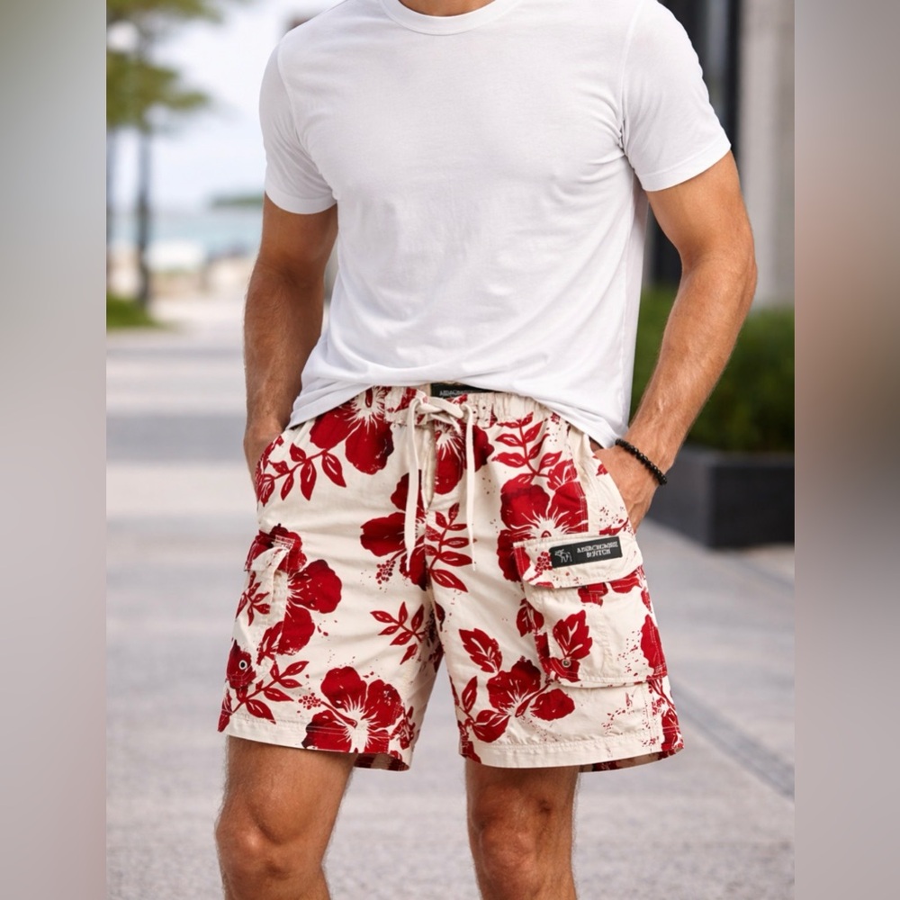 Abercrombie & Fitch Red Floral Cargo Shorts Men’s 32 | Tropical Resort Beach GUC